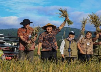 Gubernur Jateng Ahmad Luthfi saat panen raya di lahan sawah Desa/Kecamatan Jambu, Kabupaten Semarang, Jumat, 20 Februari 2026. Foto: Ist.