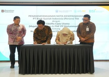 Direktur Utama PT EduMu Cipta Utama R. Alpha Amirrachman (kedua kiri) dan SVP Islamic Ecosystem BSI Rima Dwi Permatasari (kedua kanan) menandatangani MoU disaksikan Ketua Majelis Dikdasmen & PNF PP Muhammadiyah sekaligus Komisaris PT EduMu Cipta Utama Didik Suhardi (kiri) dan Direktur Retail Banking BSI Kemas Erwan Husainy (kanan) di Kantor Pusat BSI, Jakarta, Kamis (7/5/2026). Foto: Ist.