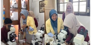 Siswa-siswi Madrasah Aliyah Muhammadiyah Limpung, Batang, melakukan aktivitas praktikum di laboratorium pendidikan biologi UMS. Foto: Ist.