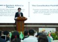 Menteri Koordinator Bidang Hukum, Hak Asasi Manusia, Imigrasi, dan Pemasyarakatan Republik Indonesia (RI), Prof Dr Yusril Ihza Mahendra S.H M.A M.Soc.Sc Ph.D dalam acara The 6th International Conference for Democracy and National Resilience (ICDNR) 2026 di Tower UNS, Kamis (8/10/2026). Foto : Ist.