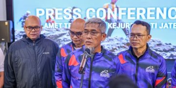 Sekretaris Daerah (Sekda) Provinsi Jawa Tengah, Sumarno saat konferensi pers Slamet Trail Run dan Kejurda ALTI Jateng 2026 di Gulala Azana Resort Guci, Kabupaten Tegal, Sabtu (24/10/2026). Foto : Ist.